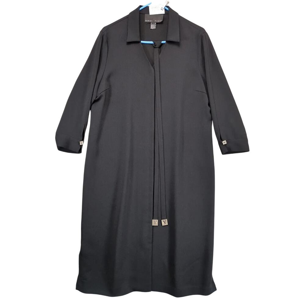 Yansi Fugel Black A-Line Concealed Button Shirt Midi Dress L 3/4 Sleeve Tie Belt
